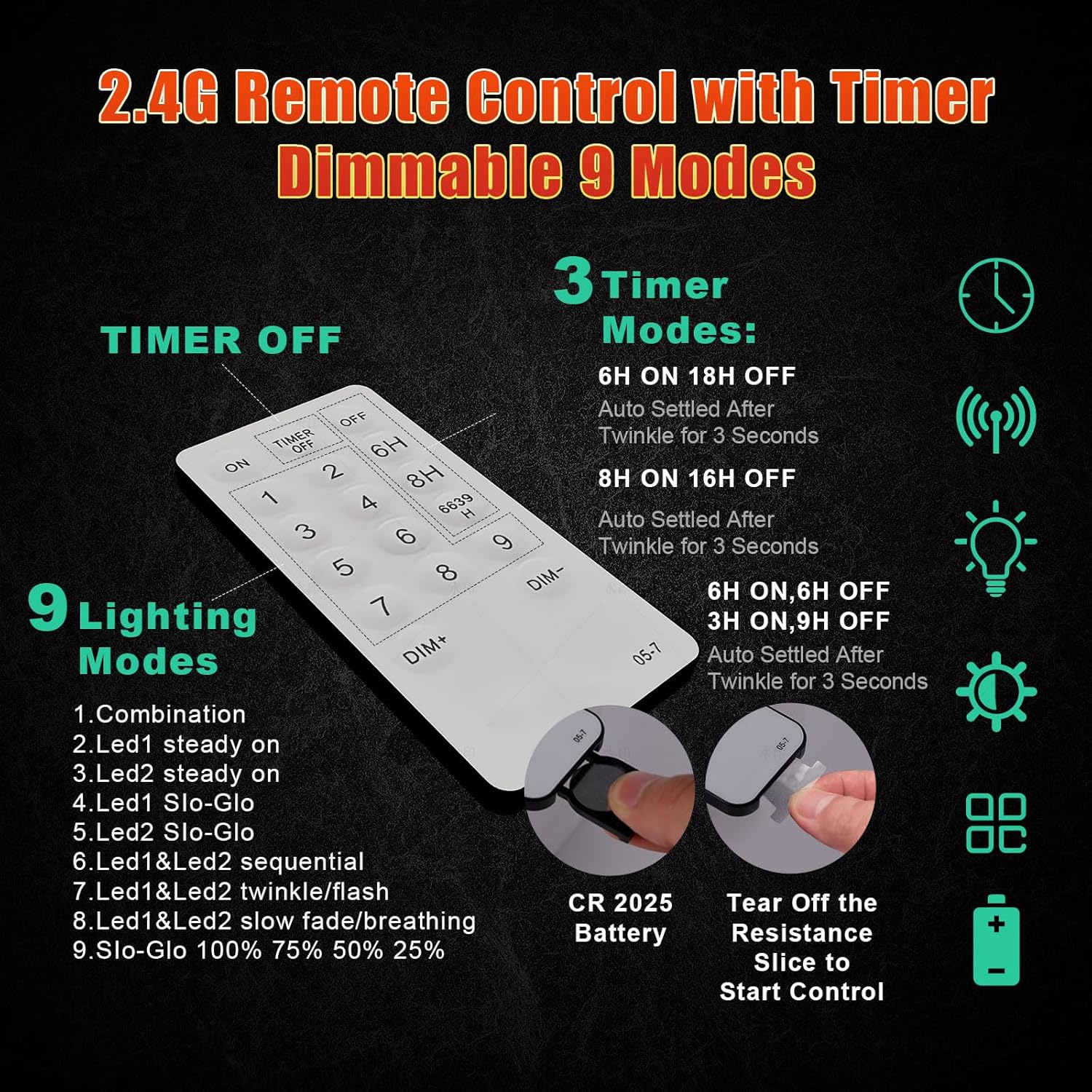 ir remote control with dimming and 6h/18h, 8h/16h, 6/6+3/9 timer settings