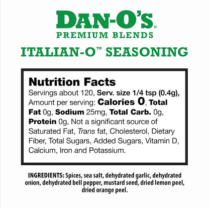 italian-o blend of basil, oregano, rosemary, granulated garlic, granulated onion, sea salt, dried lemon peel, dried orange peel, and mustard seed