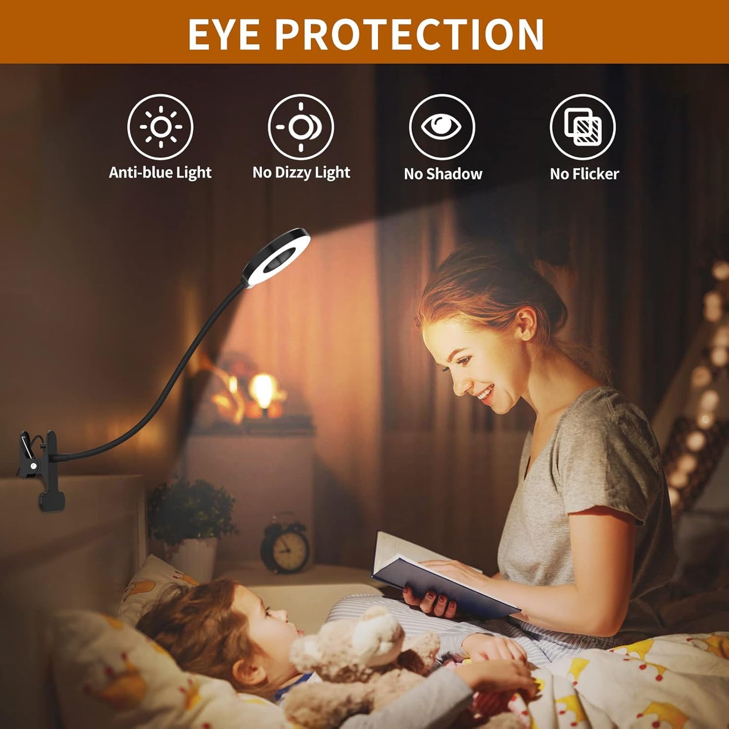 iZELL LED Clip-On Reading Lamp for Kids – Child-Safe Bedside Book Light for Bedroom, Headboard, and Bunk Bed, Eye-Protection Soft Glow
