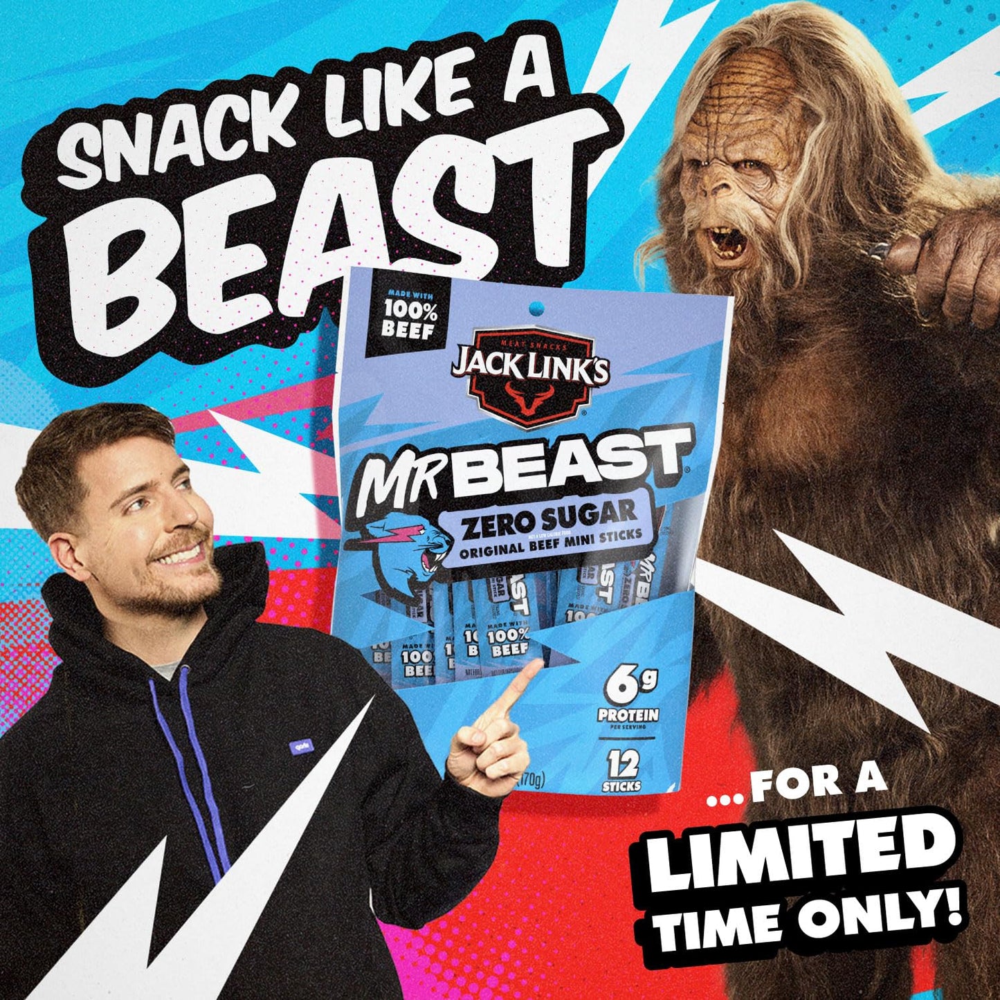 Jack Link's x MrBeast Zero Sugar Mini Beef Sticks – Cool Stocking Stuffer Gift for Tweens and Teens, 12 Pack