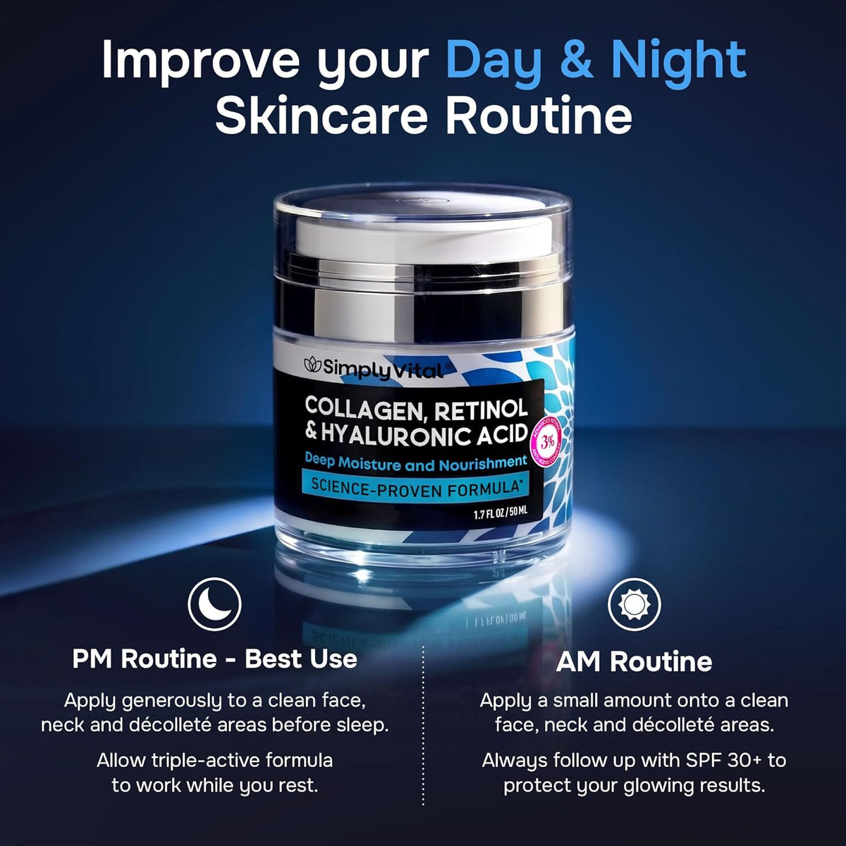 jar packaging in 1.7 oz and 3.4 oz sizes, plus serum format in 1 oz