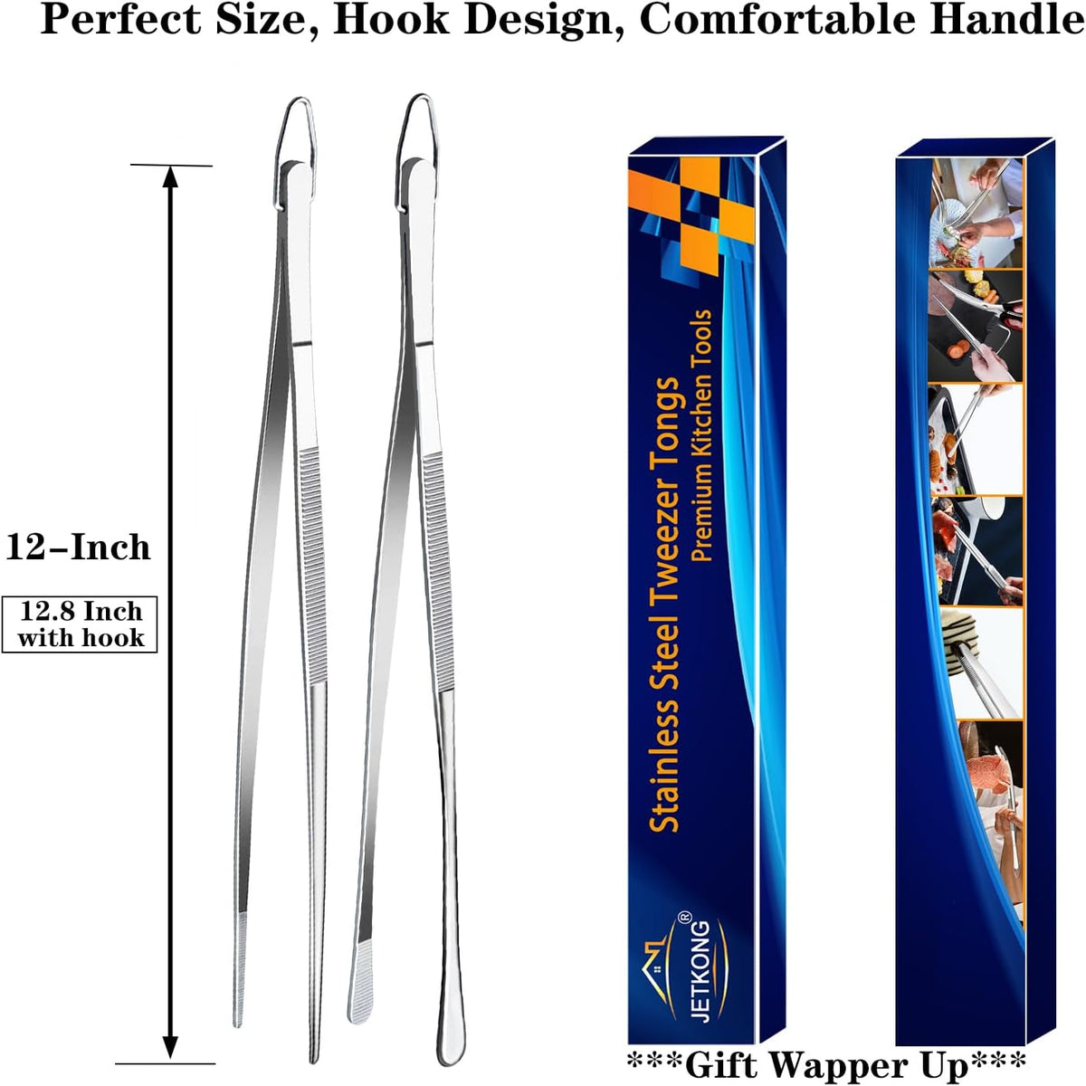 JETKONG Fine Tweezers – Designer Kitchen Counter Accessory, 12-Inch Plating Tongs in Navy Blue