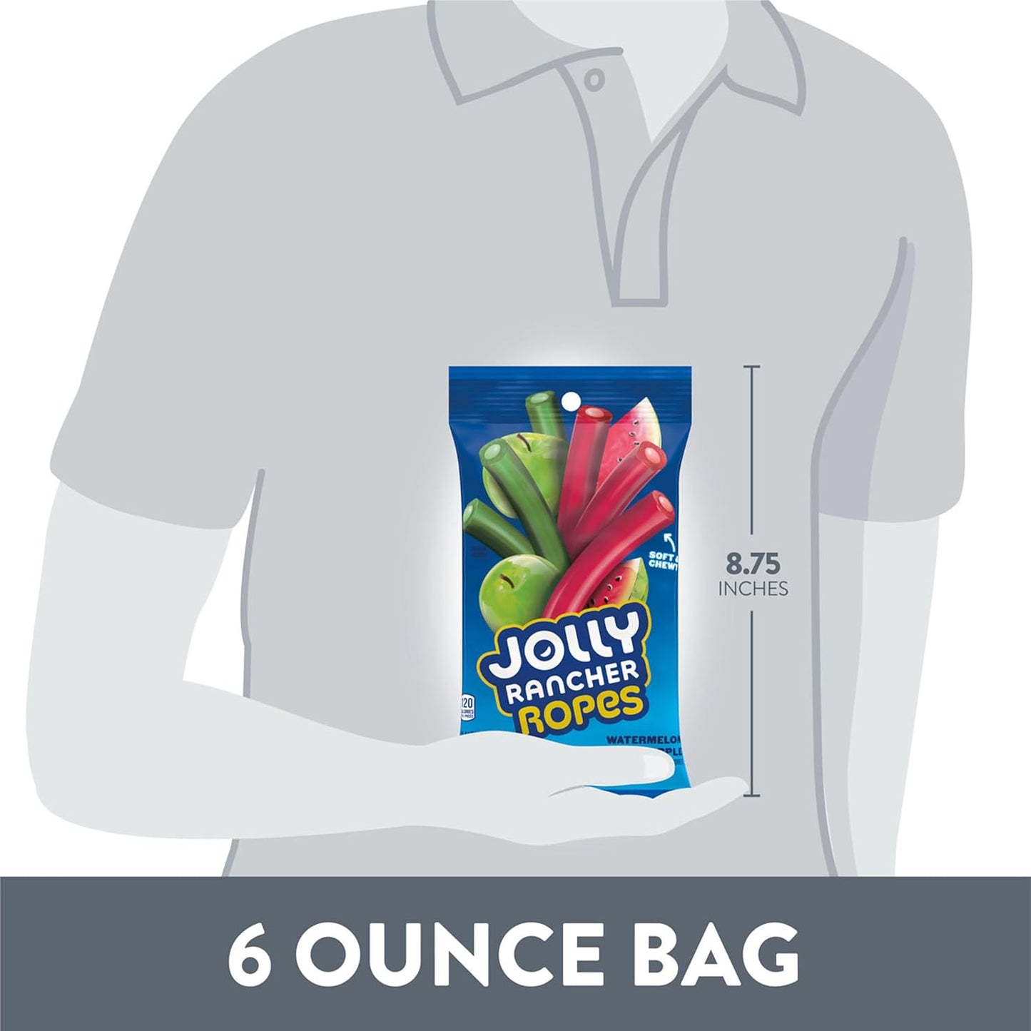 JOLLY RANCHER Ropes Watermelon and Green Apple Flavored Chewy Candy for Trick-or-Treat Bowls, Easter Baskets, and Kids' Snack Packs, 6 oz