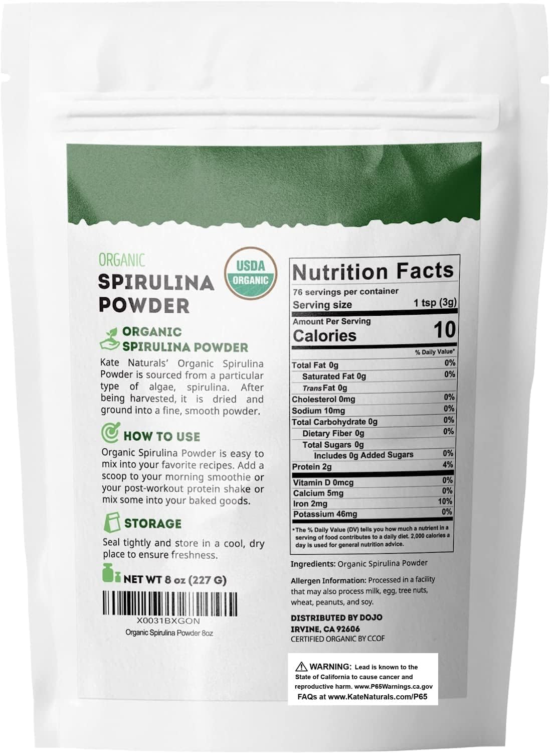 Kate Naturals Organic Spirulina Powder – Daily Antioxidant Support for Mindful Wellness Enthusiasts, 8 oz