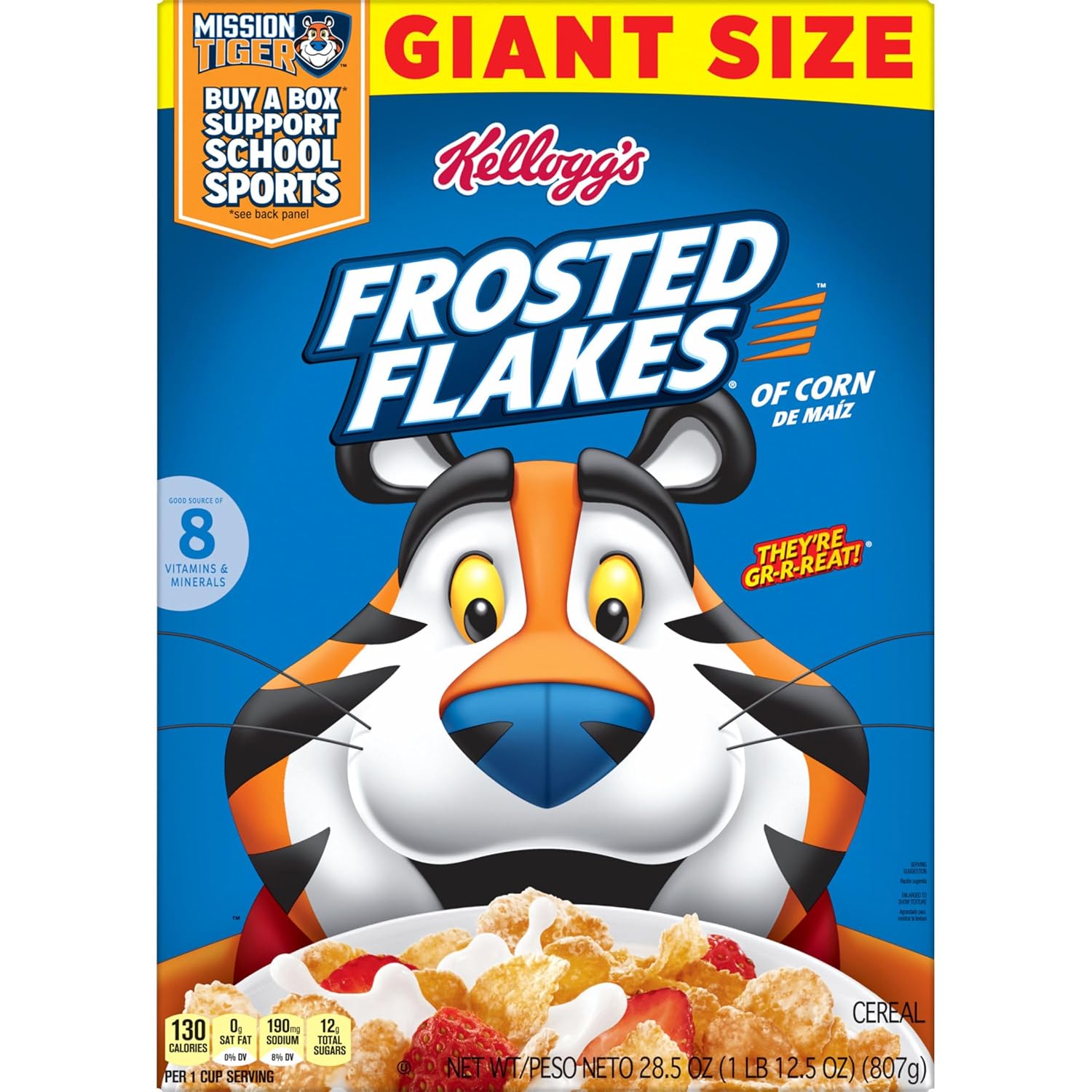 Kellogg's Frosted Flakes Cereal, 28.5 oz Giant Size, Fat-Free Breakfast Cereal for Health-Conscious Office and Dorm Snackers