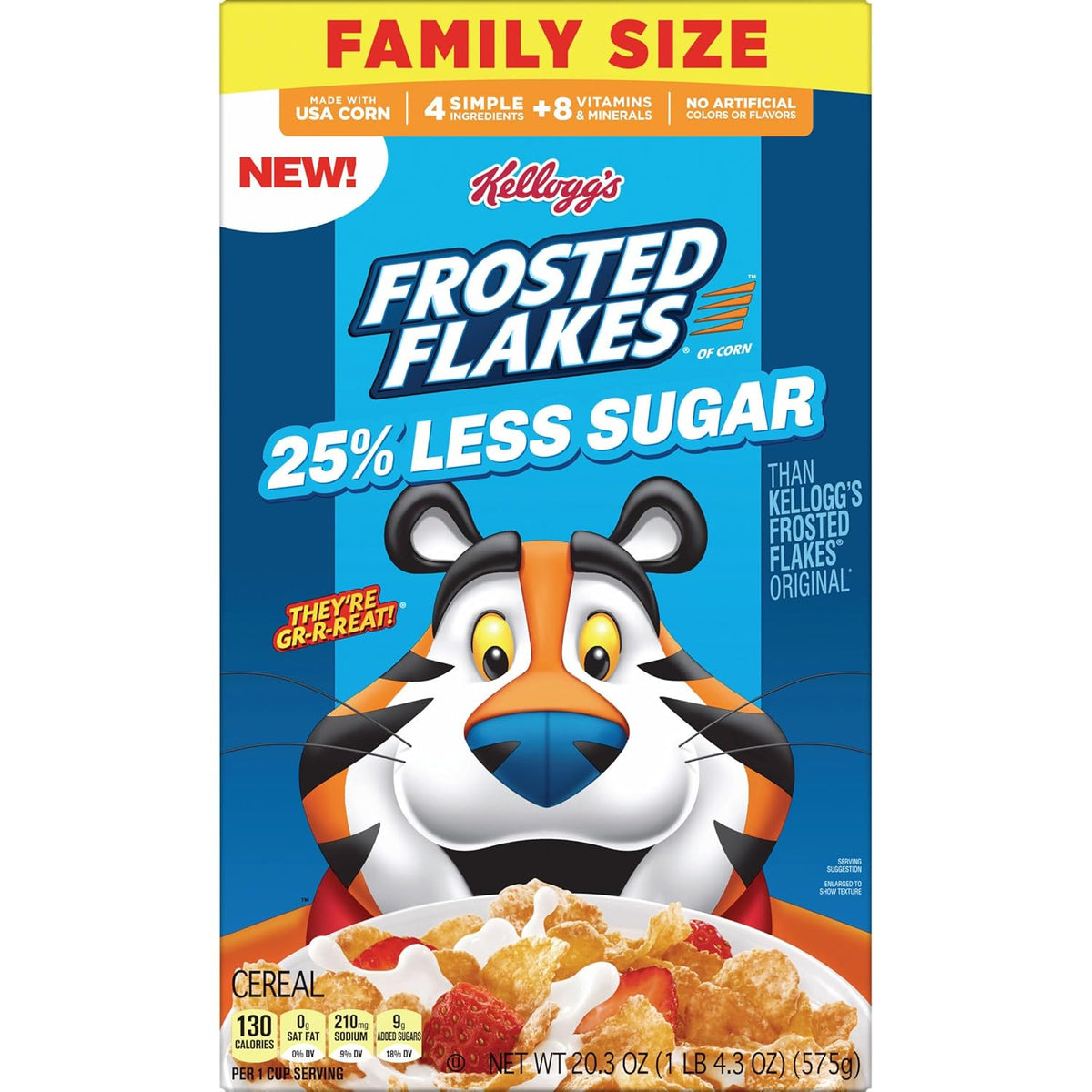 Kellogg's Frosted Flakes Reduced Sugar Breakfast Cereal, Clean-Label Additive-Free Cereal for Families Avoiding Artificial Ingredients