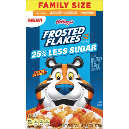 Kellogg's Frosted Flakes Reduced Sugar Breakfast Cereal, Clean-Label Additive-Free Cereal for Families Avoiding Artificial Ingredients