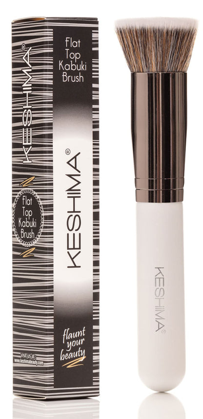 Keshima Foundation Brush Flat Top Kabuki - Premium Foundation Brush for Liquid Makeup, Cream, and Powder - Buffing, Blending, and Face (Regular Size, White)