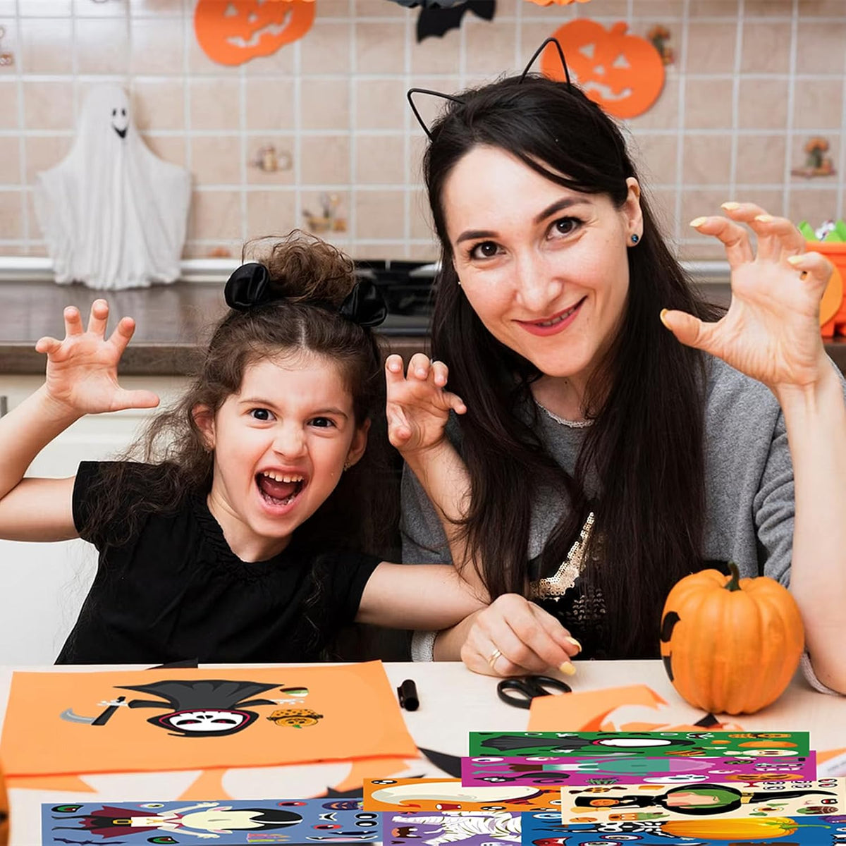 kid-targeted subject characters (cats, friendly monsters) rather than scary horror imagery, suitable for young children