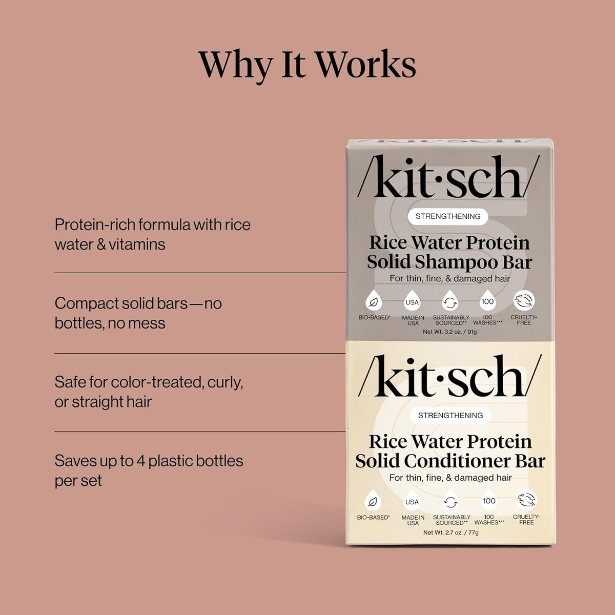 Kitsch Rice Water Protein Solid Shampoo and Conditioner Set – Camping Hair Care Set, Lightweight Backcountry Bars