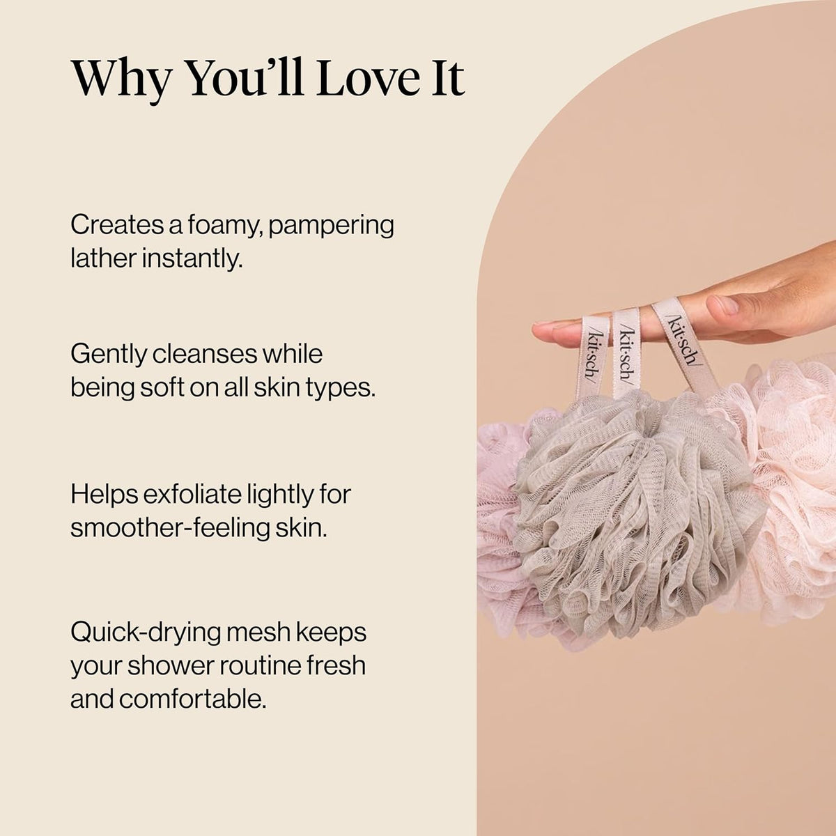 Kitsch Shower Loofah – Effortless Quick-Drying Shower Sponge for Minimalist Storage