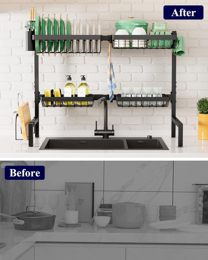 Kitsure 2-Tier Over The Sink Drying Rack with 3 Baskets & 5 Hooks | Statement Storage Piece for Modern Kitchens, Black