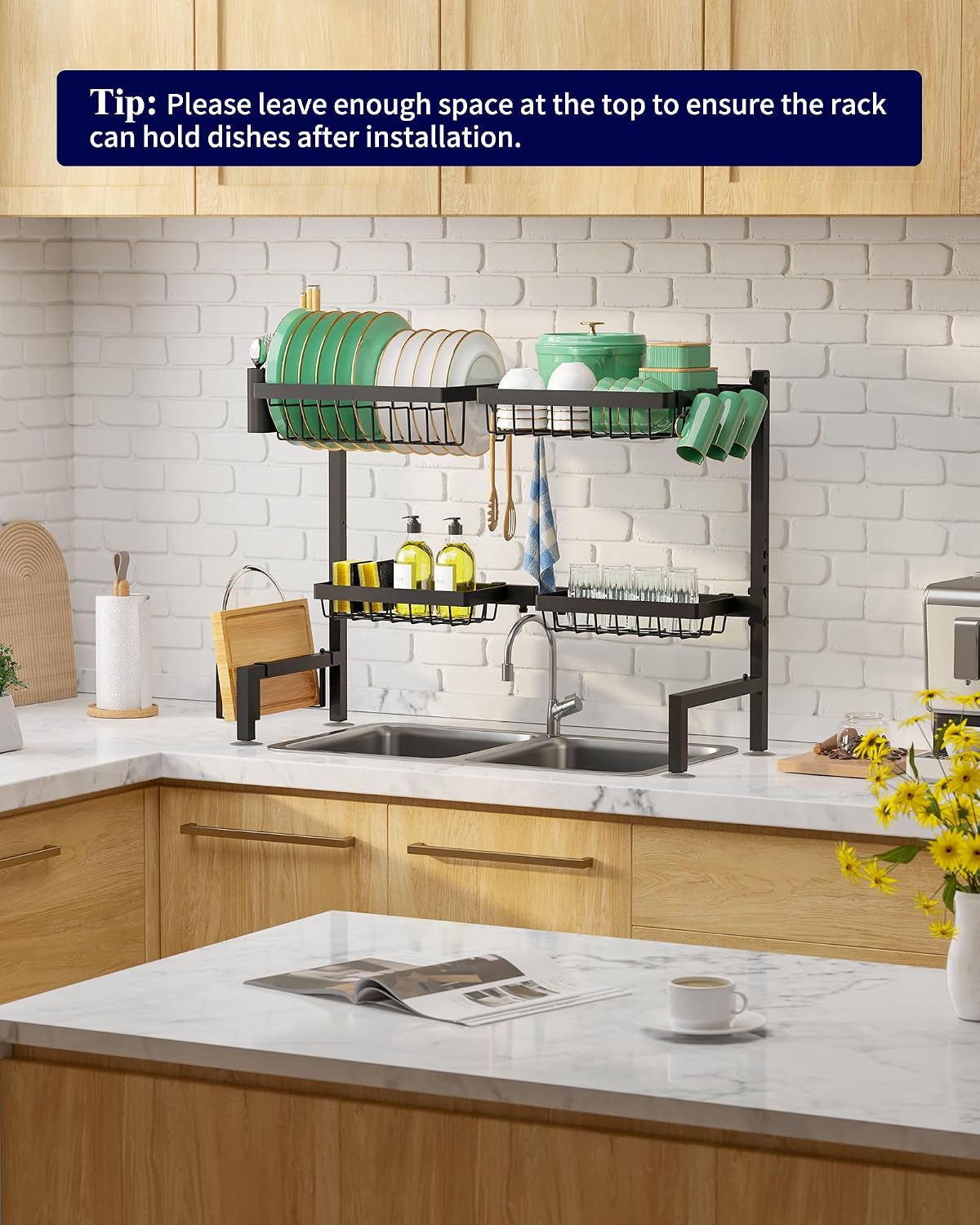 Kitsure 2-Tier Over The Sink Drying Rack with 3 Baskets & 5 Hooks | Statement Storage Piece for Modern Kitchens, Black