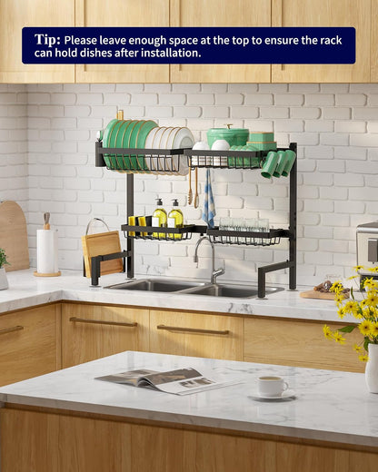 Kitsure 2-Tier Over The Sink Drying Rack with 3 Baskets & 5 Hooks | Statement Storage Piece for Modern Kitchens, Black