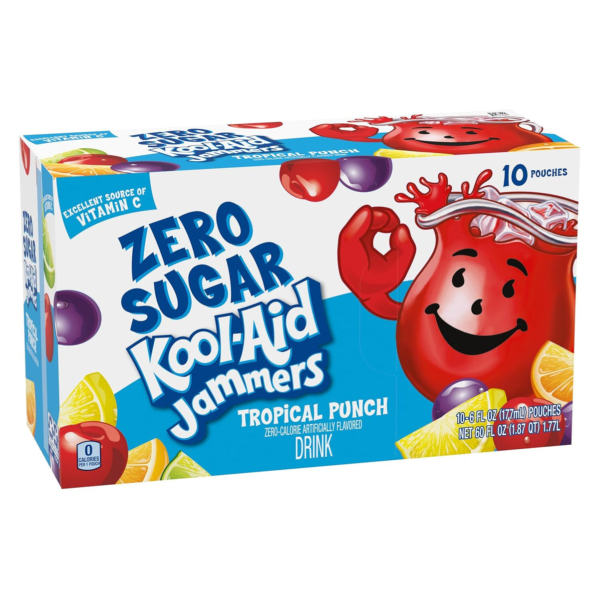 Kool-Aid Jammers Tropical Punch Zero Sugar Soft Drink, 10 ct Pouches, Low-Sugar Fridge Stock for Health-Conscious Parents