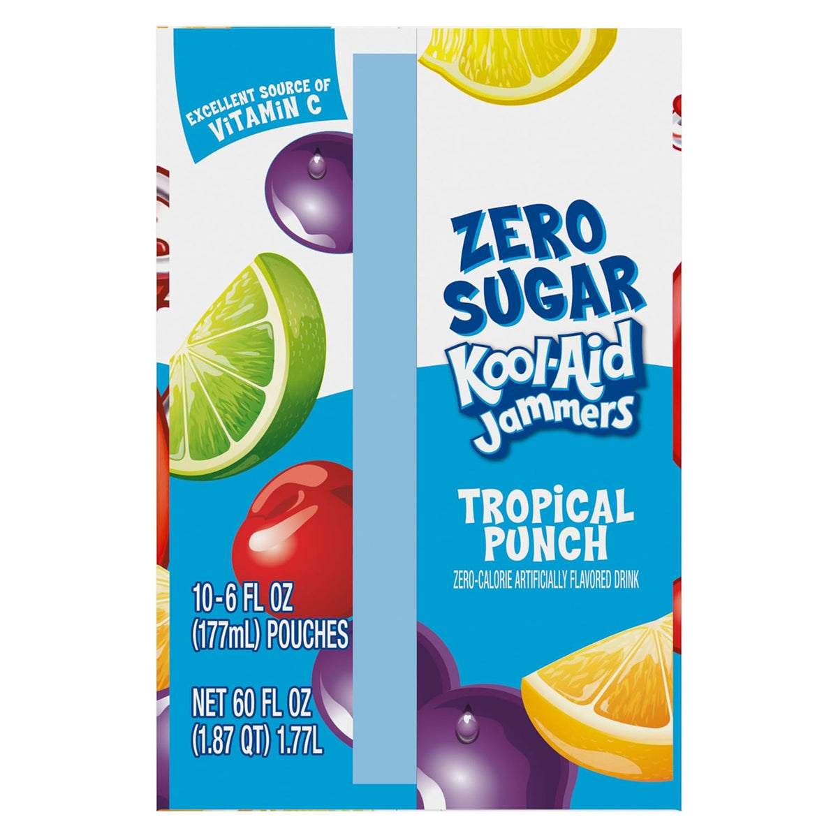 Kool-Aid Jammers Tropical Punch Zero Sugar Soft Drink, 10 ct Pouches, Low-Sugar Fridge Stock for Health-Conscious Parents