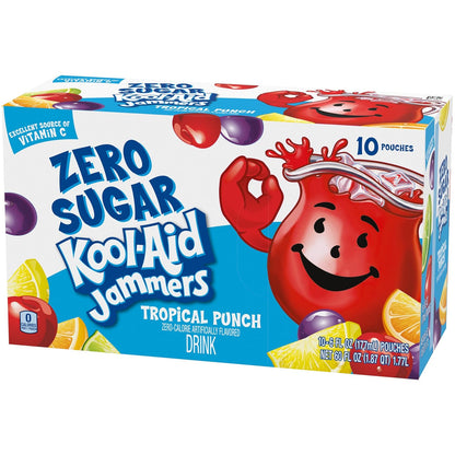 Kool-Aid Jammers Tropical Punch Zero Sugar Soft Drink, 10 ct Pouches, Low-Sugar Fridge Stock for Health-Conscious Parents