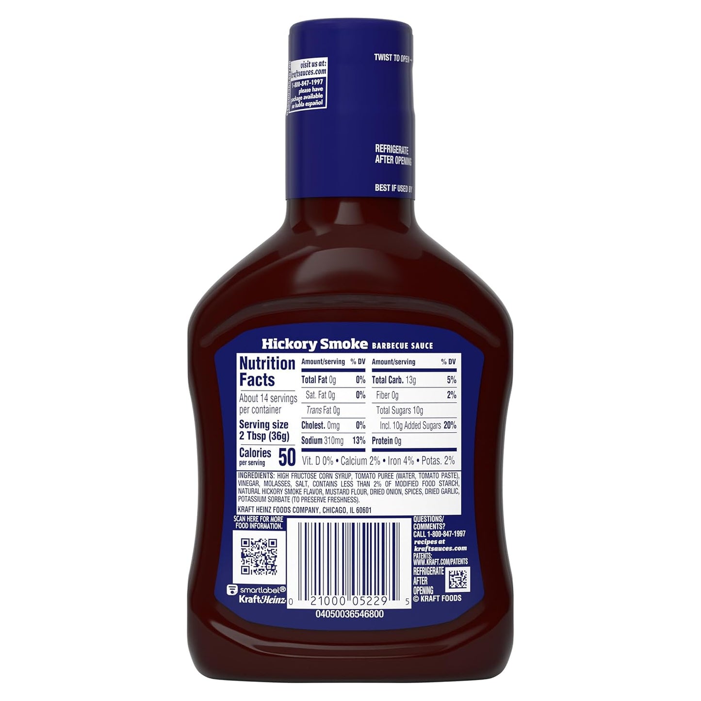 Kraft Hickory Smoke Slow-Simmered Barbecue Sauce, 17.5 oz Bottle – Outdoor Cookout Sauce for Chicken, Brisket, and Grill Parties