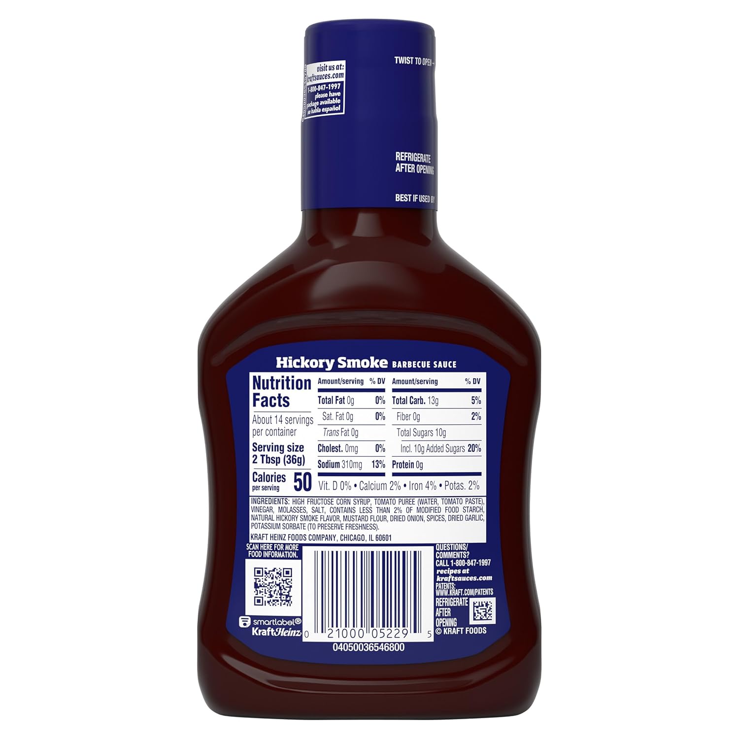 Kraft Hickory Smoke Slow-Simmered Barbecue Sauce, 17.5 oz Bottle – Outdoor Cookout Sauce for Chicken, Brisket, and Grill Parties
