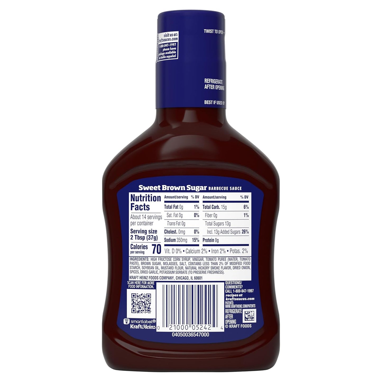 Kraft Sweet Brown Sugar Slow-Simmered Barbecue Sauce, 18 oz Kid-Friendly BBQ Sauce for Family Dinners