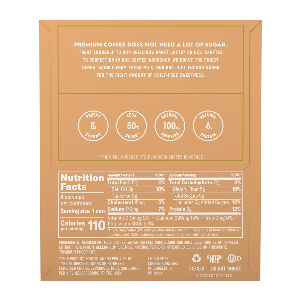 La Colombe Vanilla Draft Latte - Pre-Chilled 9oz 4-Pack for Office Desk and Morning Commute, 115mg Caffeine for Focused Workdays