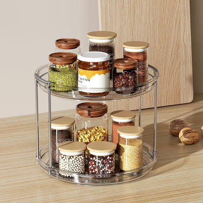 LAMU 2 Tier Clear Lazy Susan Turntable 9.25'' Neutral Toned Organizer for Capsule Kitchens and Minimal Bathroom Storage
