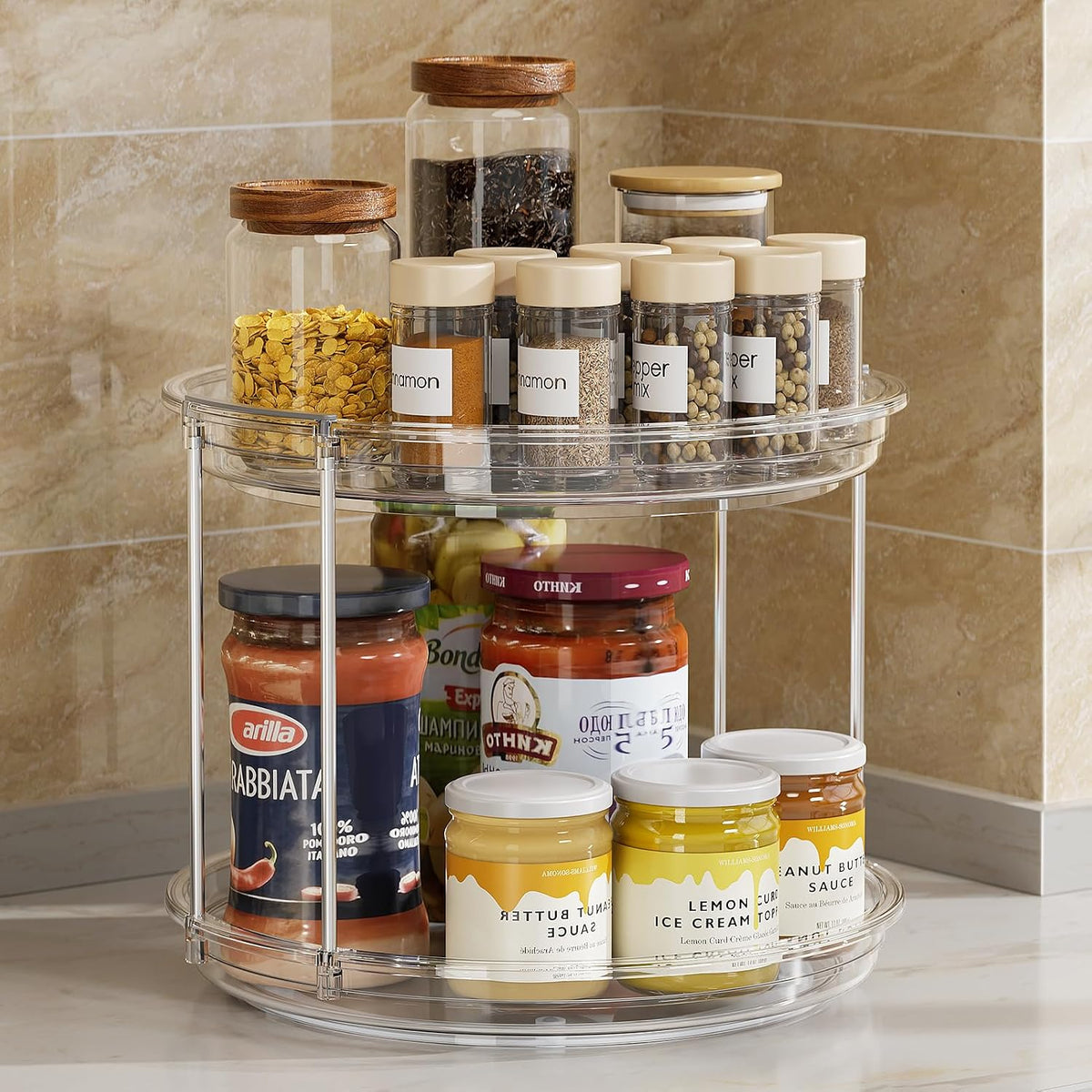 LAMU 2 Tier Clear Lazy Susan Turntable 9.25'' Neutral Toned Organizer for Capsule Kitchens and Minimal Bathroom Storage