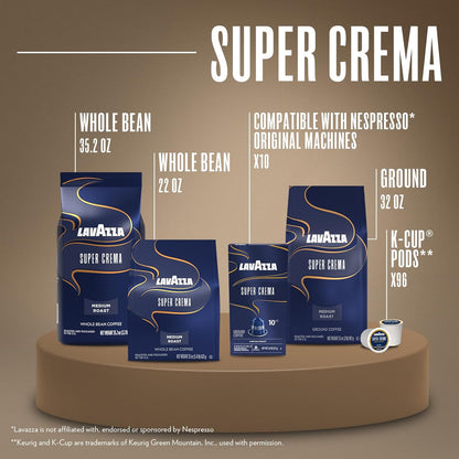 Lavazza Super Crema Whole Bean Coffee – Mindful Morning Espresso Ritual, Single-Ingredient Clean-Label Brew