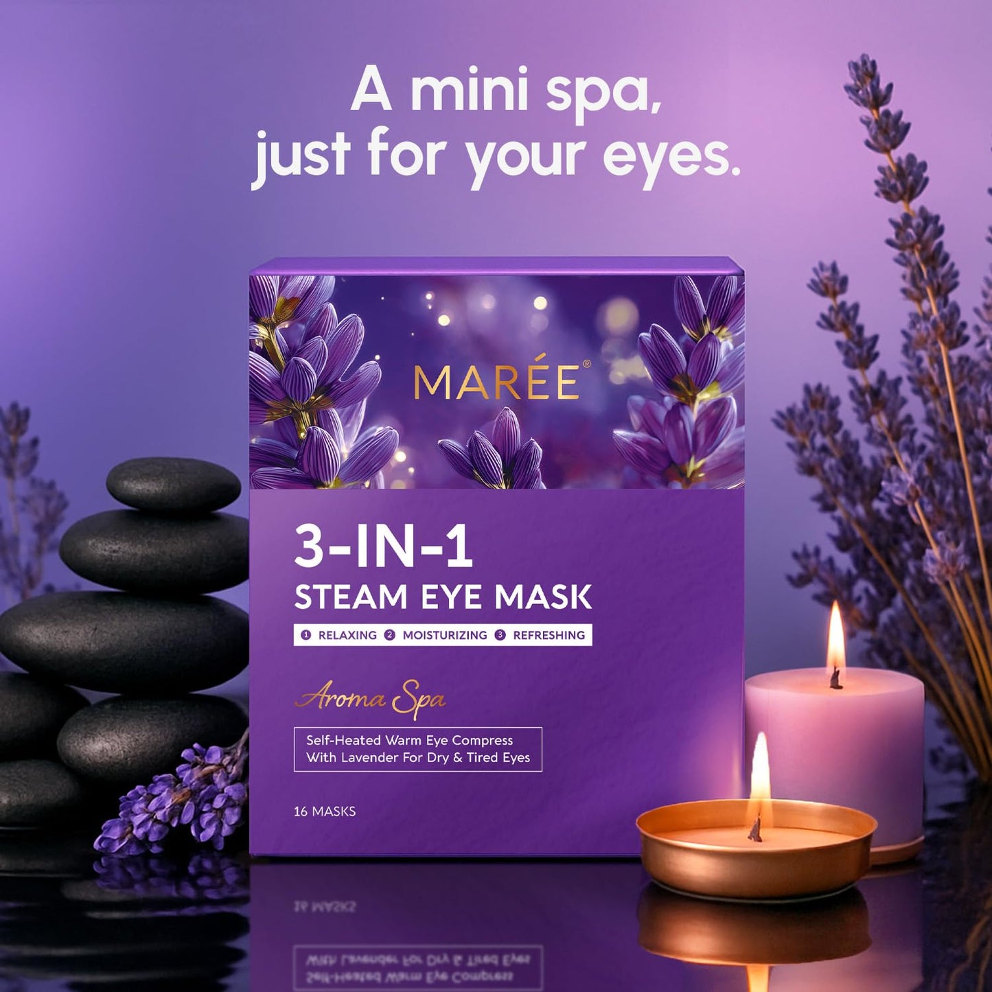 lavender aromatherapy infused into each mask for calming scent