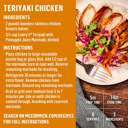 Lawry's Teriyaki With Pineapple Juice Marinade – Portable Pour Bottle for Tailgates and Outdoor Dinners, 12 fl oz