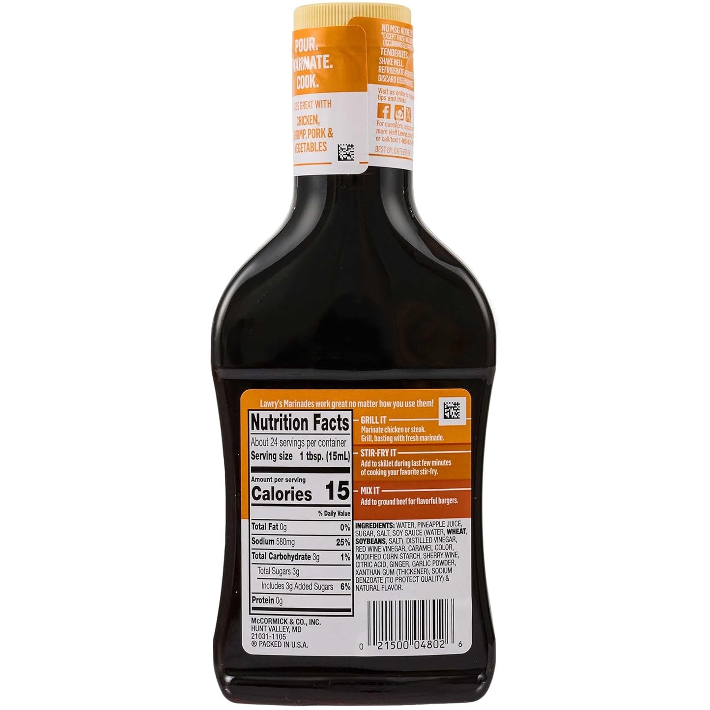 Lawry's Teriyaki With Pineapple Juice Marinade – Portable Pour Bottle for Tailgates and Outdoor Dinners, 12 fl oz