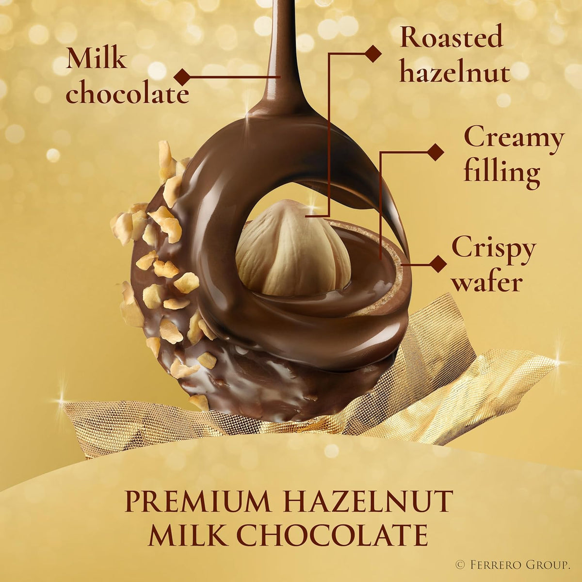 layered construction: milk chocolate shell, crispy wafer, creamy hazelnut filling, hazelnut pieces