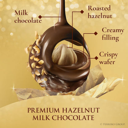 layered construction: milk chocolate shell, crispy wafer, creamy hazelnut filling, hazelnut pieces