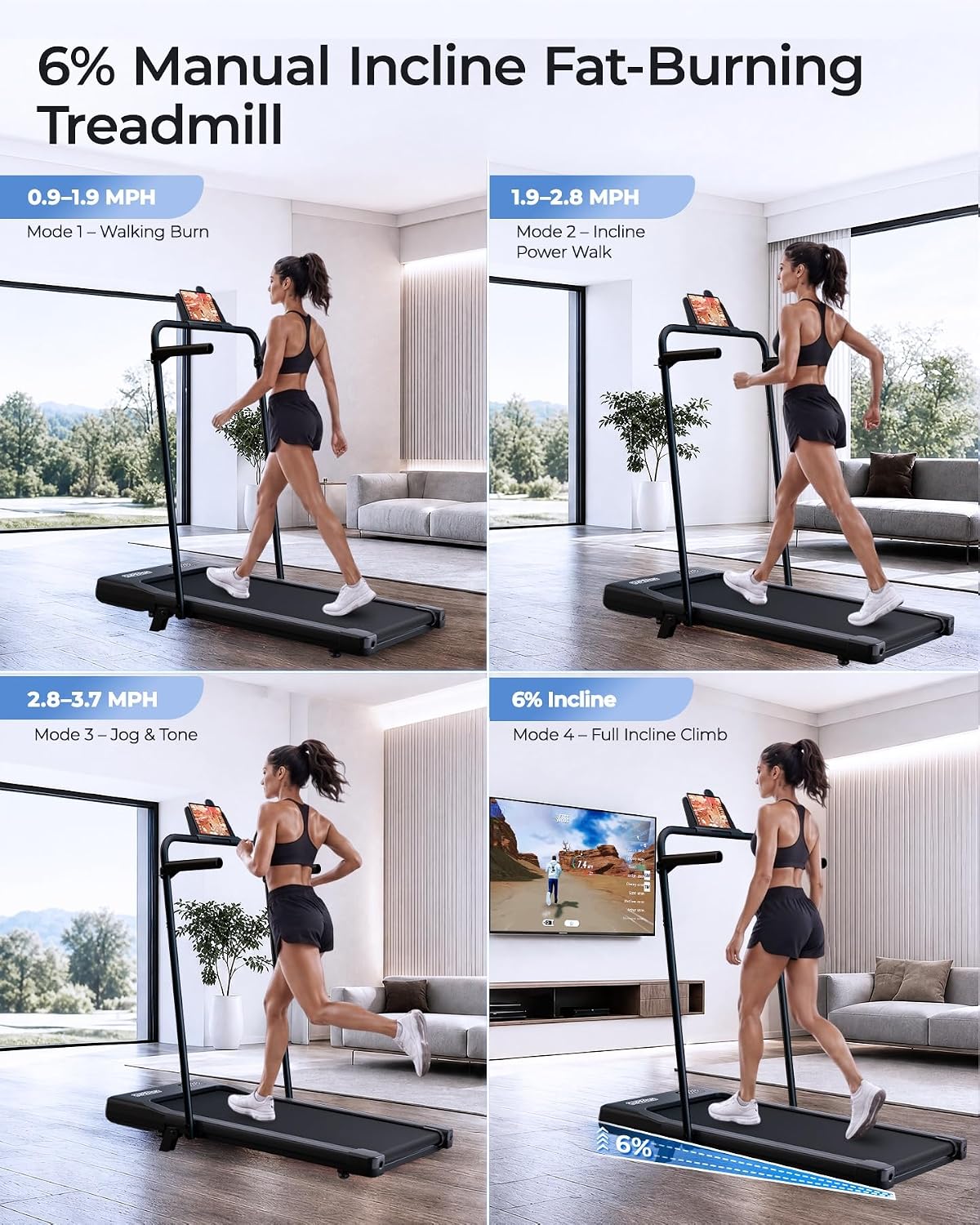 led display with remote control and pitpat app metric tracking (calories, distance, speed, time)