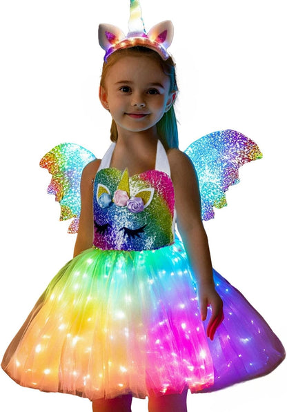 Toddler Unicorn Halloween Costume – Light Up Tutu Set with Headband and Detachable Wings