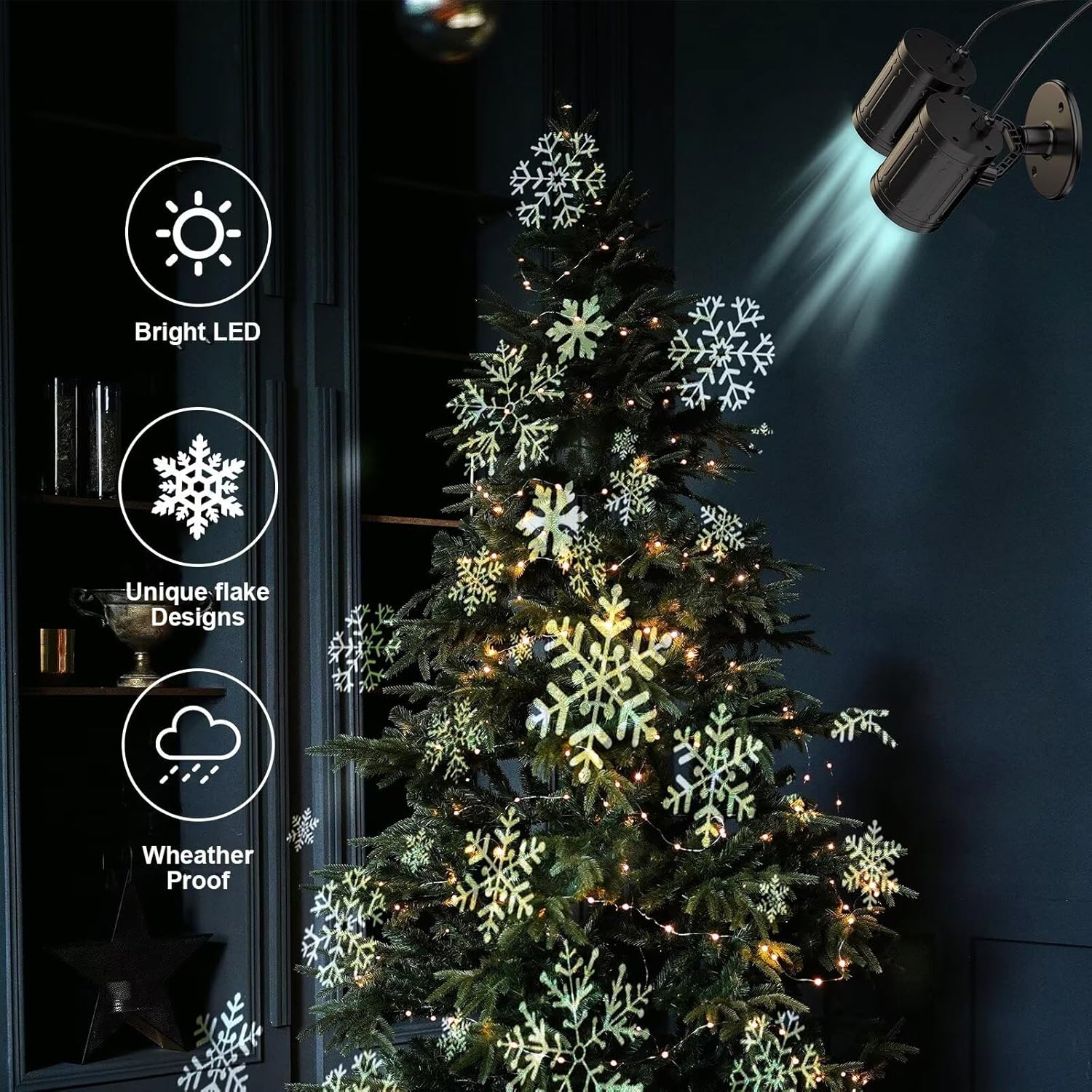led light source projecting a realistic, double-snowflake pattern
