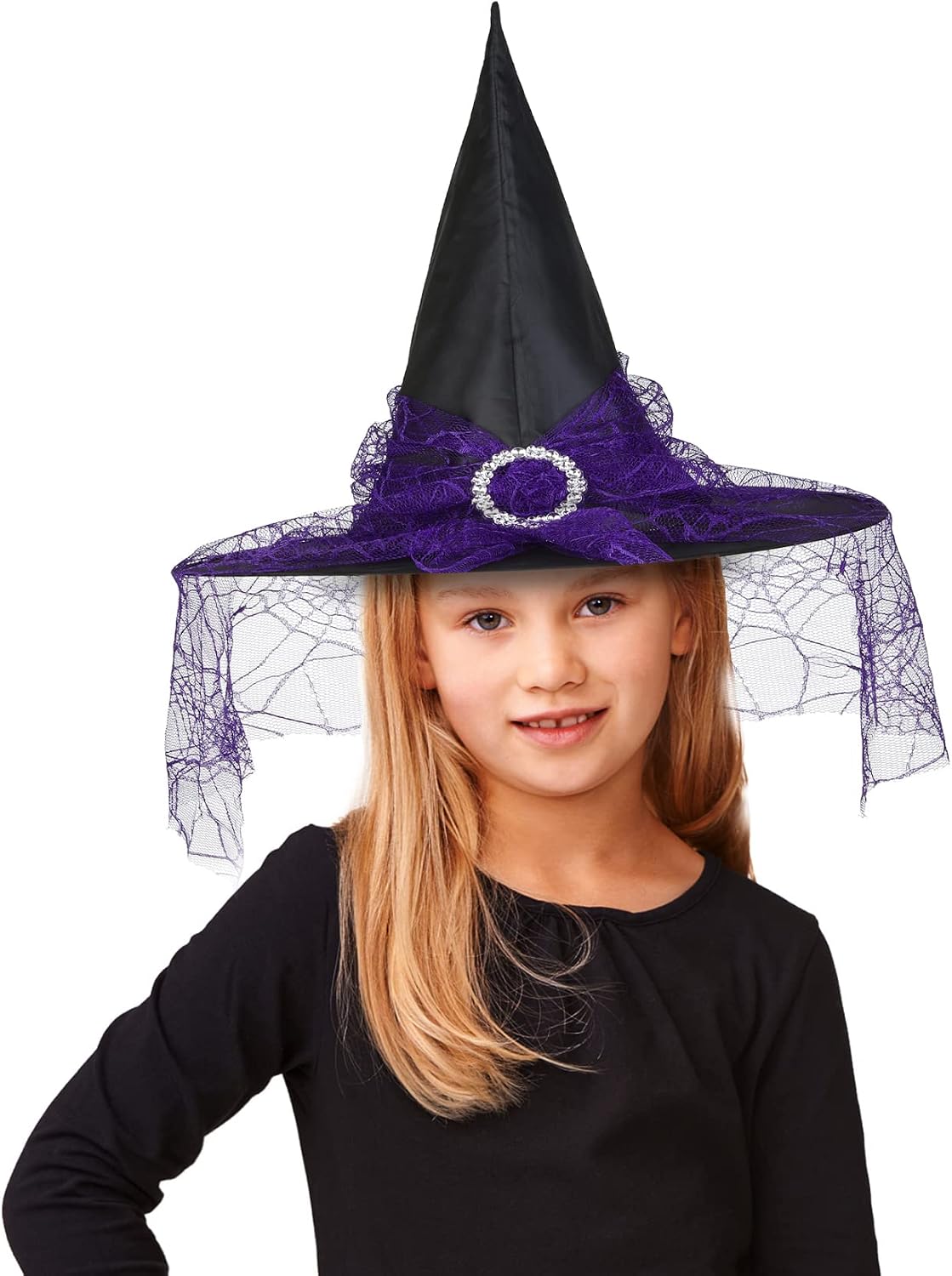 Leuceiy Wide-Brim Witch Hat – Decorative Halloween Accent for Themed Dinner Parties, Durable Seasonal Decor with Attached Veil
