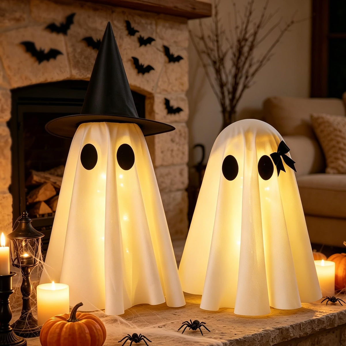 Lightweight Halloween Ghost Set for Outdoor Dining and Entryway, Easy-Carry Battery LED Pair