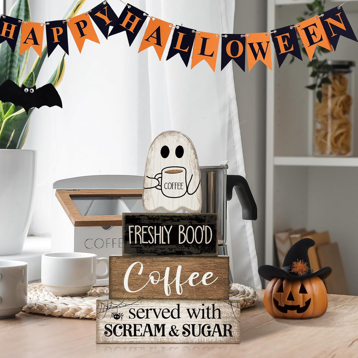 Lineshading Halloween Carved Ghost Coffee Bar Decor – Farmhouse Kitchen Counter Styling, Fall Living Room Shelf Charm