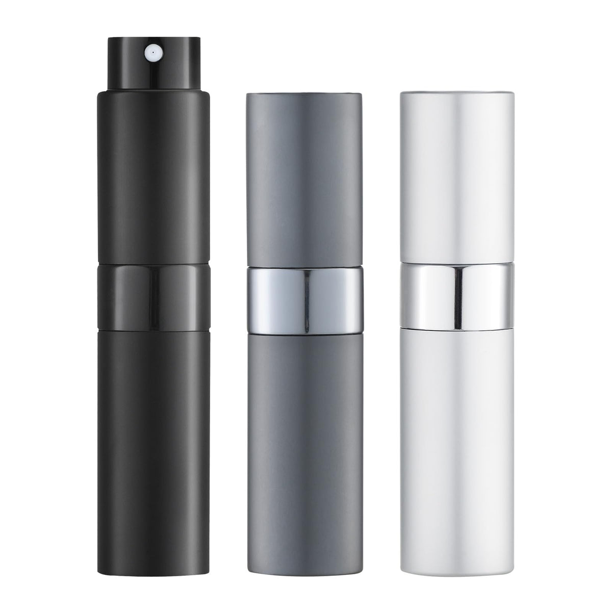LISAPACK 8ML Atomizer Perfume Spray Bottle for Travel (3 PCS) Empty Cologne Dispenser, Portable Sprayer (Black, Silver, Grey)