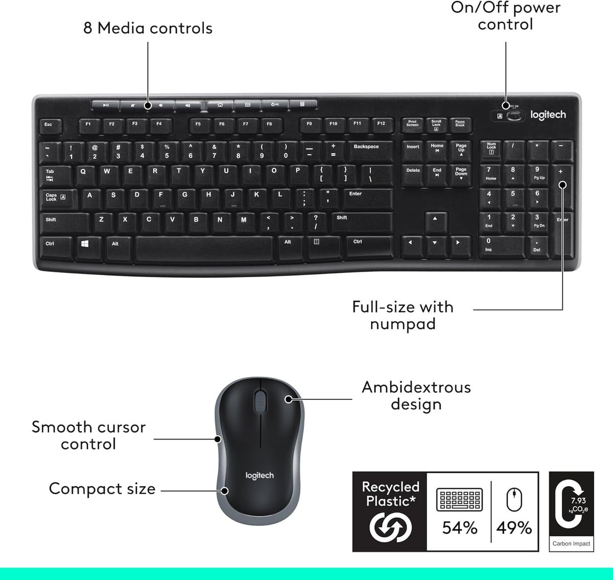 Logitech MK270 Wireless Keyboard and Mouse, Black Finish Matching Sleek Living Room Workspace