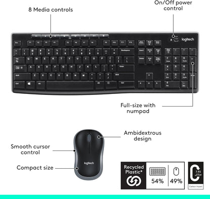 Logitech MK270 Wireless Keyboard and Mouse, Black Finish Matching Sleek Living Room Workspace
