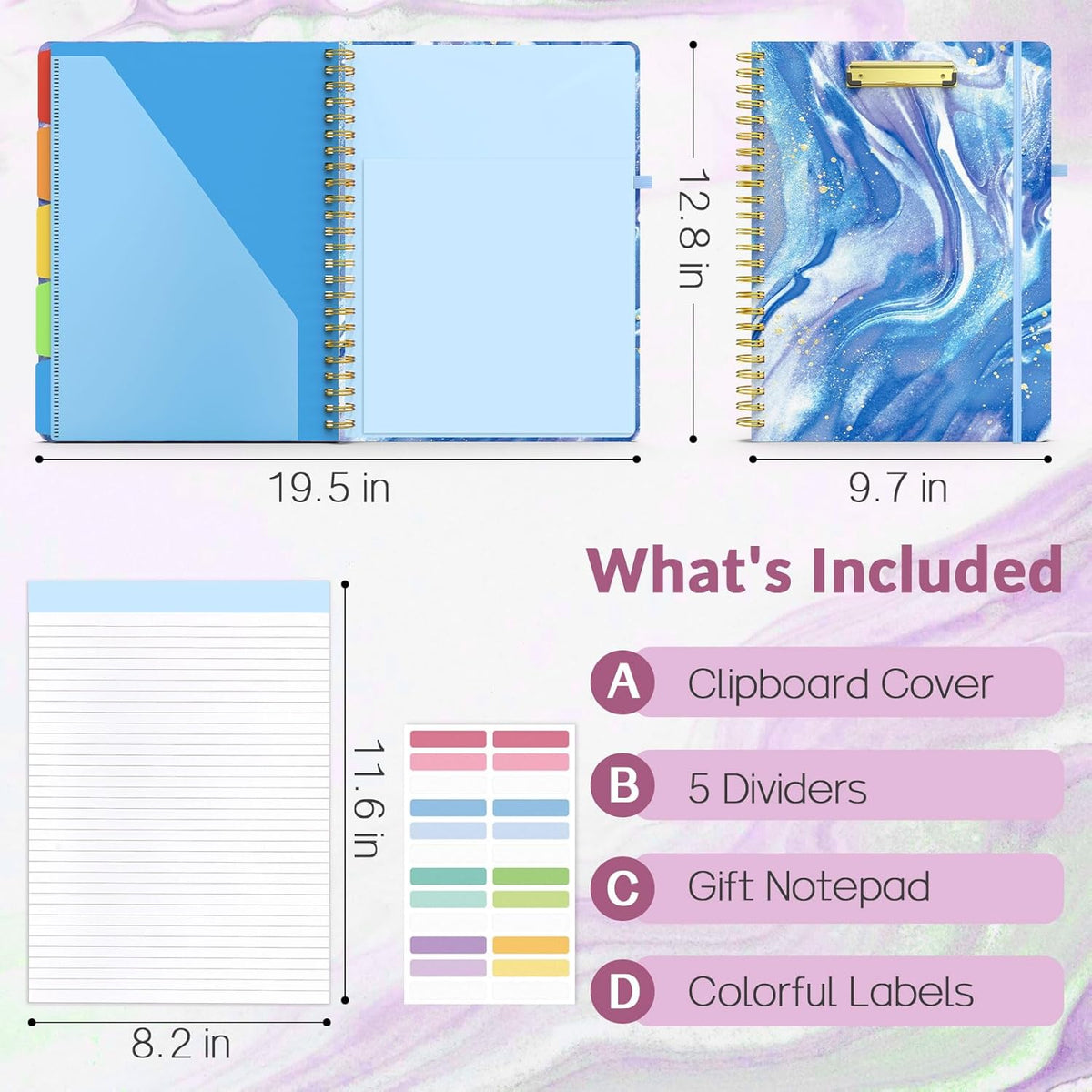 low-profile metal clip on the front cover with rigid hard cardboard writing surface