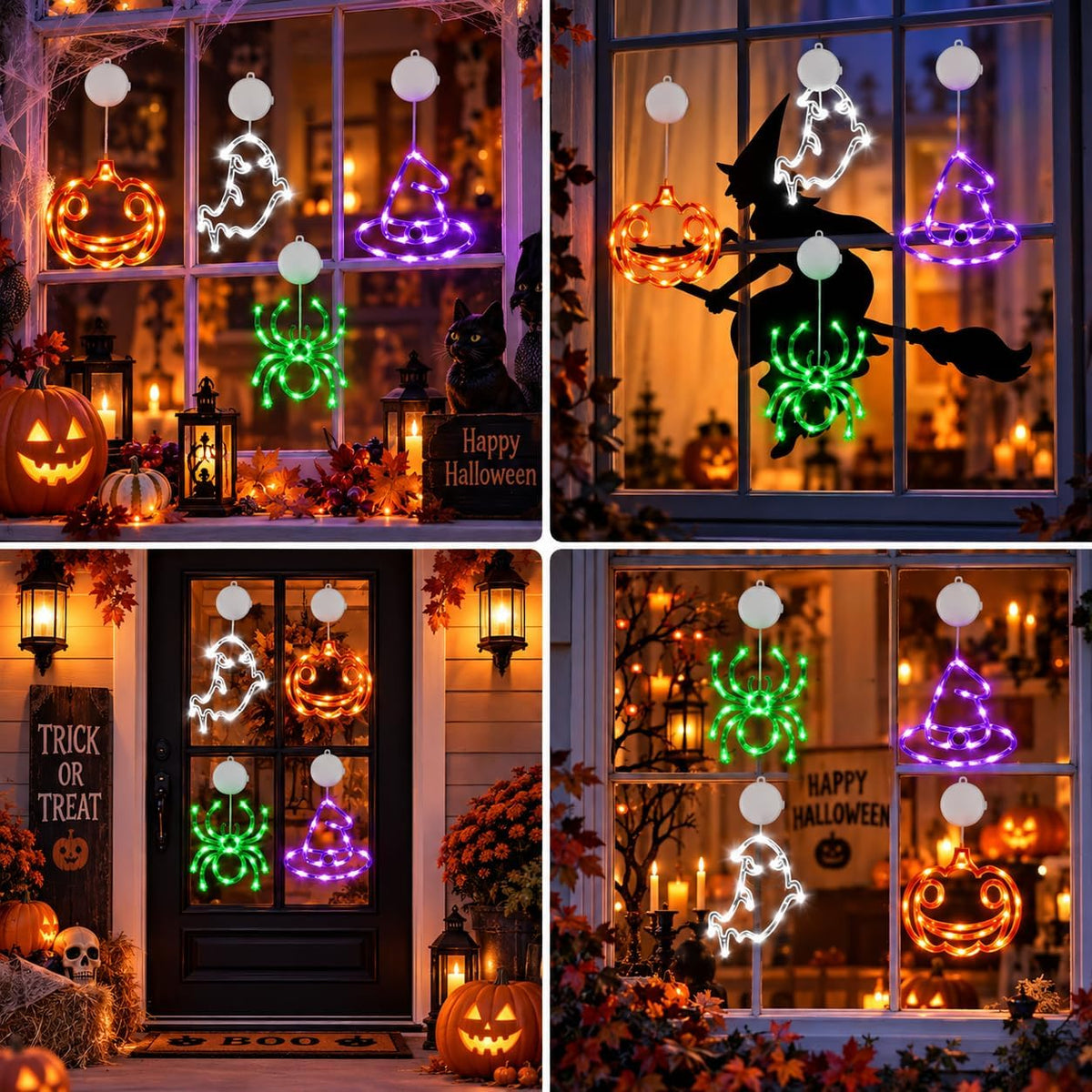 Lumifyde Child Friendly Halloween Window Lights – Cool to Touch LED Decor, Pumpkin Spider Witch Hat Set