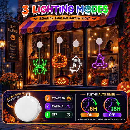 Lumifyde Child Friendly Halloween Window Lights – Cool to Touch LED Decor, Pumpkin Spider Witch Hat Set