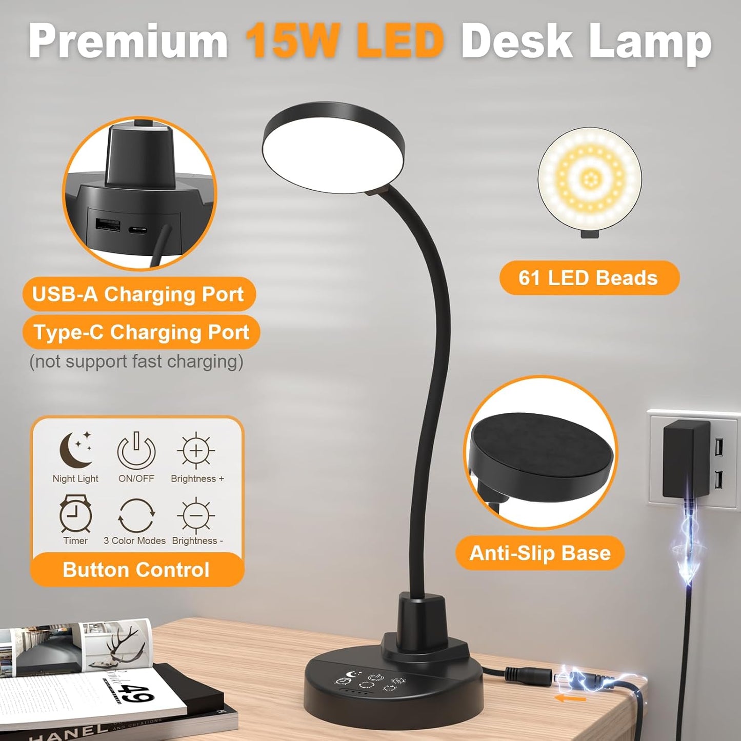LUMINOAK LearnBright LED Lamp – Study Desk Light for Kids and Teens with Adjustable Gooseneck and Timer for Bedtime
