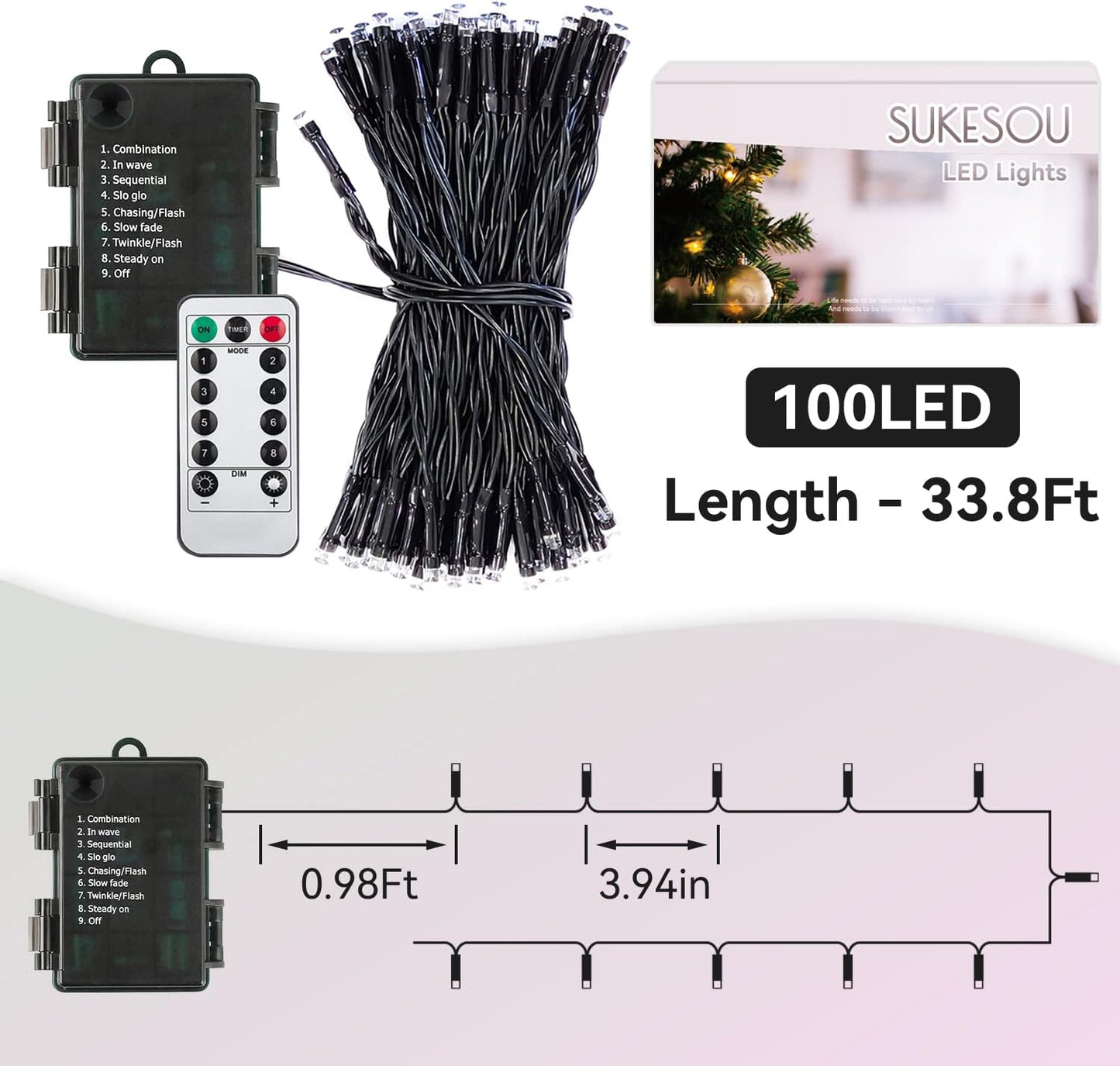 LUMIRESCO 33Ft Battery Fairy Lights 100 LED – Boho Home Accent String Lights for Wall and Ceiling, 8 Modes with Remote and 4 Step Dimming