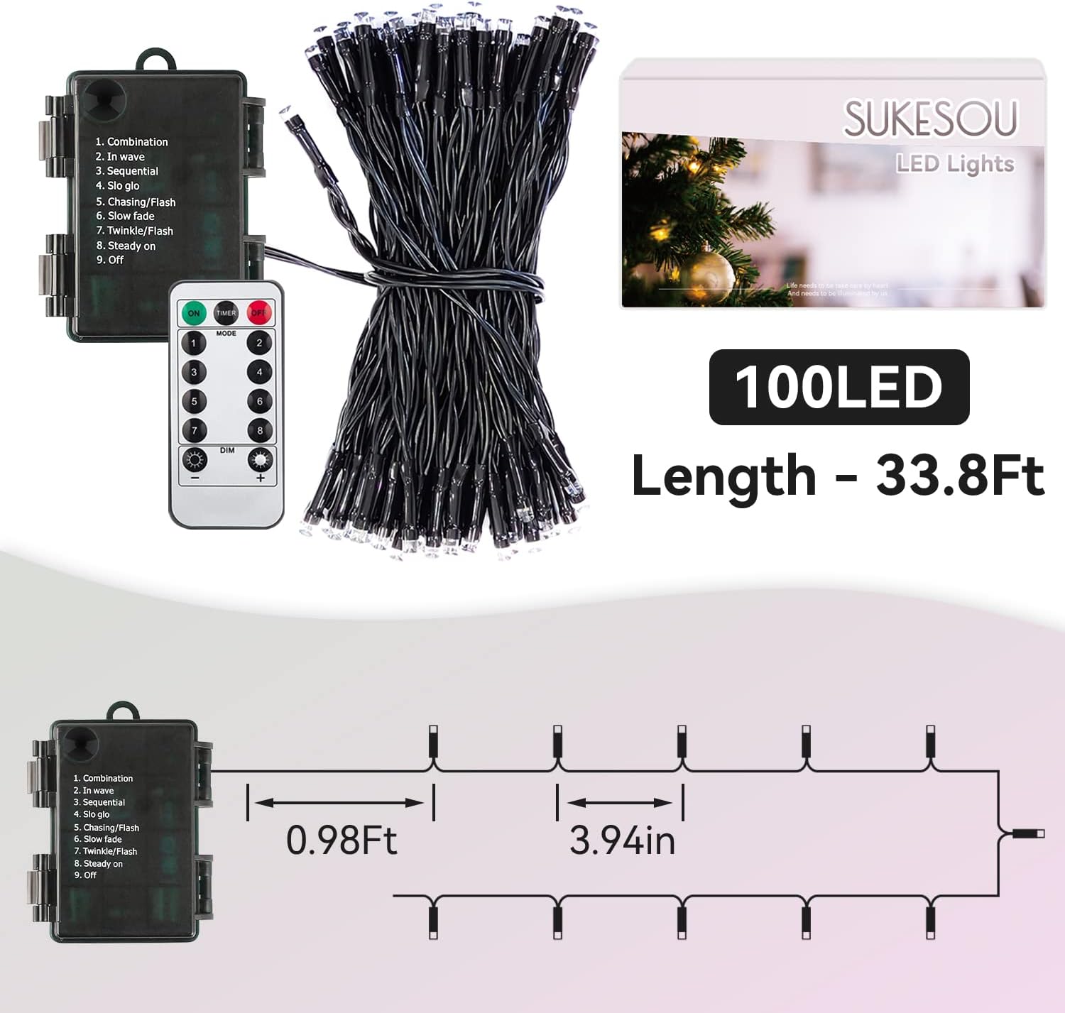 LUMIRESCO 33Ft Battery Fairy Lights 100 LED – Boho Home Accent String Lights for Wall and Ceiling, 8 Modes with Remote and 4 Step Dimming