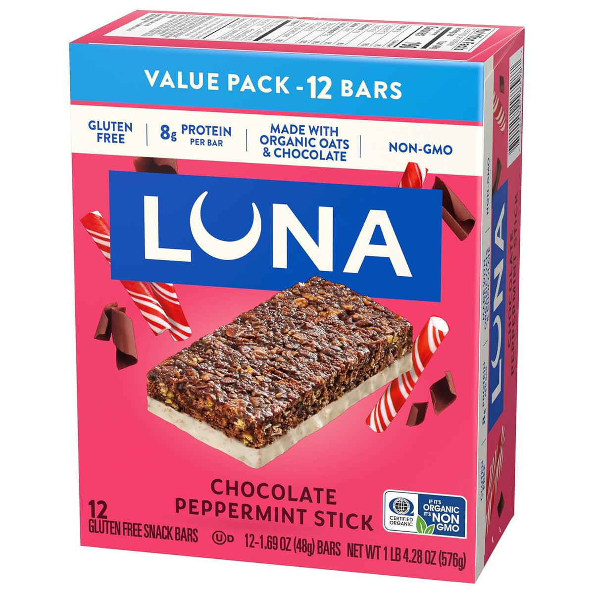 LUNA Bar Chocolate Peppermint Stick – Thoughtful Holiday Snack Gift for Her, Festive 12-Count Protein Bar Box