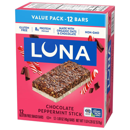 LUNA Bar Chocolate Peppermint Stick – Thoughtful Holiday Snack Gift for Her, Festive 12-Count Protein Bar Box